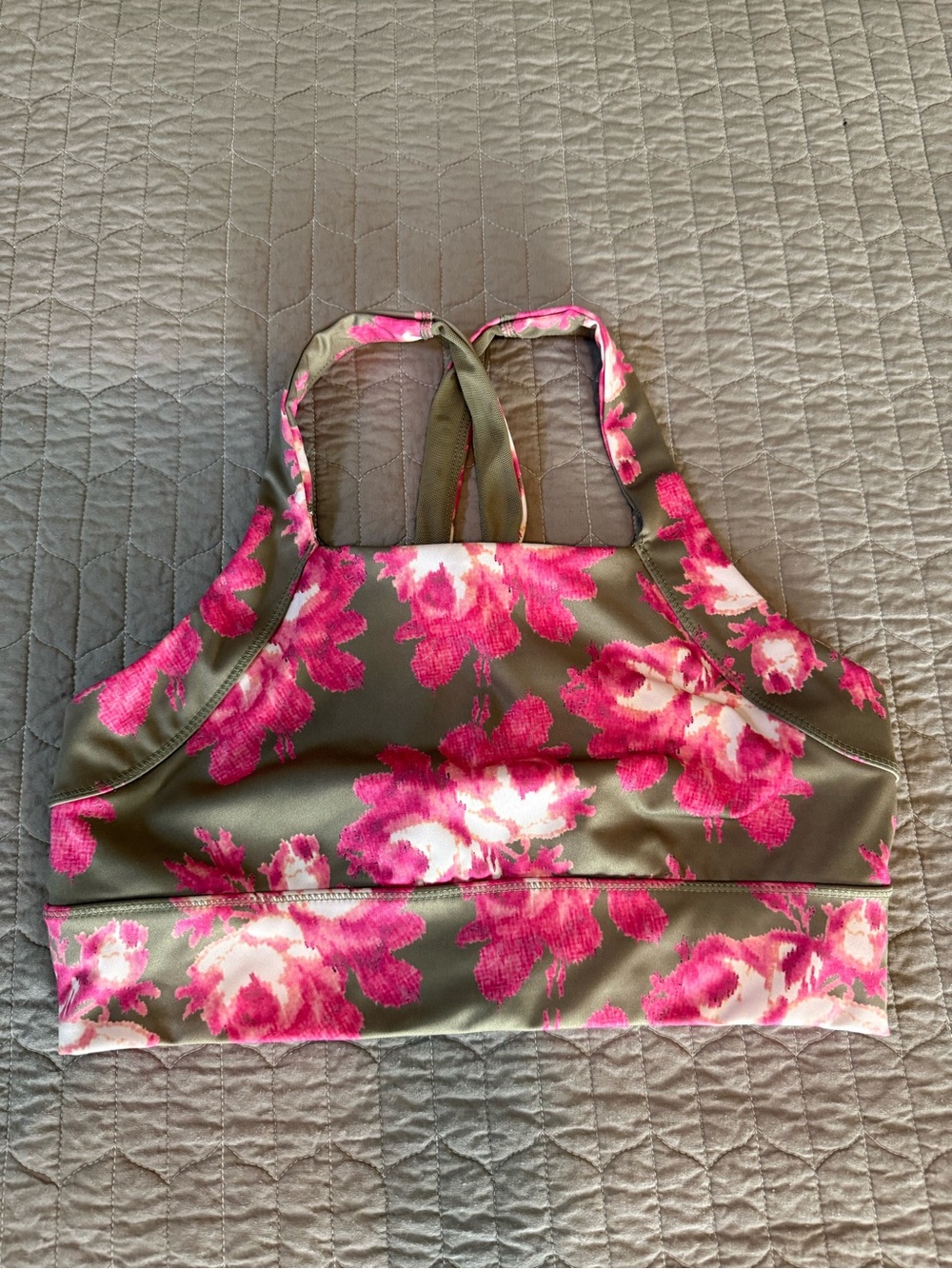 FP Movement by Free People Olive Green Sports Bra with Pink Floral Print
